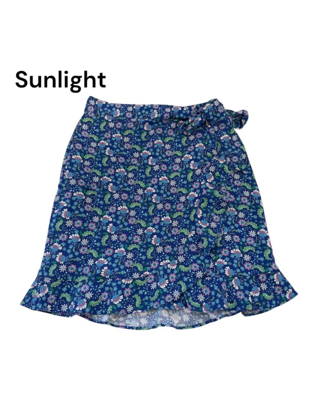 LOFT Floral Wrap Skirt With Ruffle Hem Blue/Green Womens Petite 2P Linen Blend